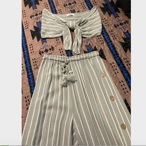 OLIVACEOUS Lilyful 2 Piece Jumpsuit – NEW!  Soft Striped Sage 100% Rayon – SMALL
